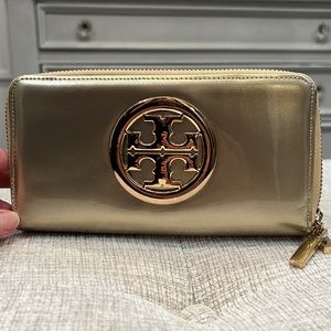 Tory Burch Gold Patent Zip Around Wallet 8” x 4.25” x 1. 5”, Great Condition